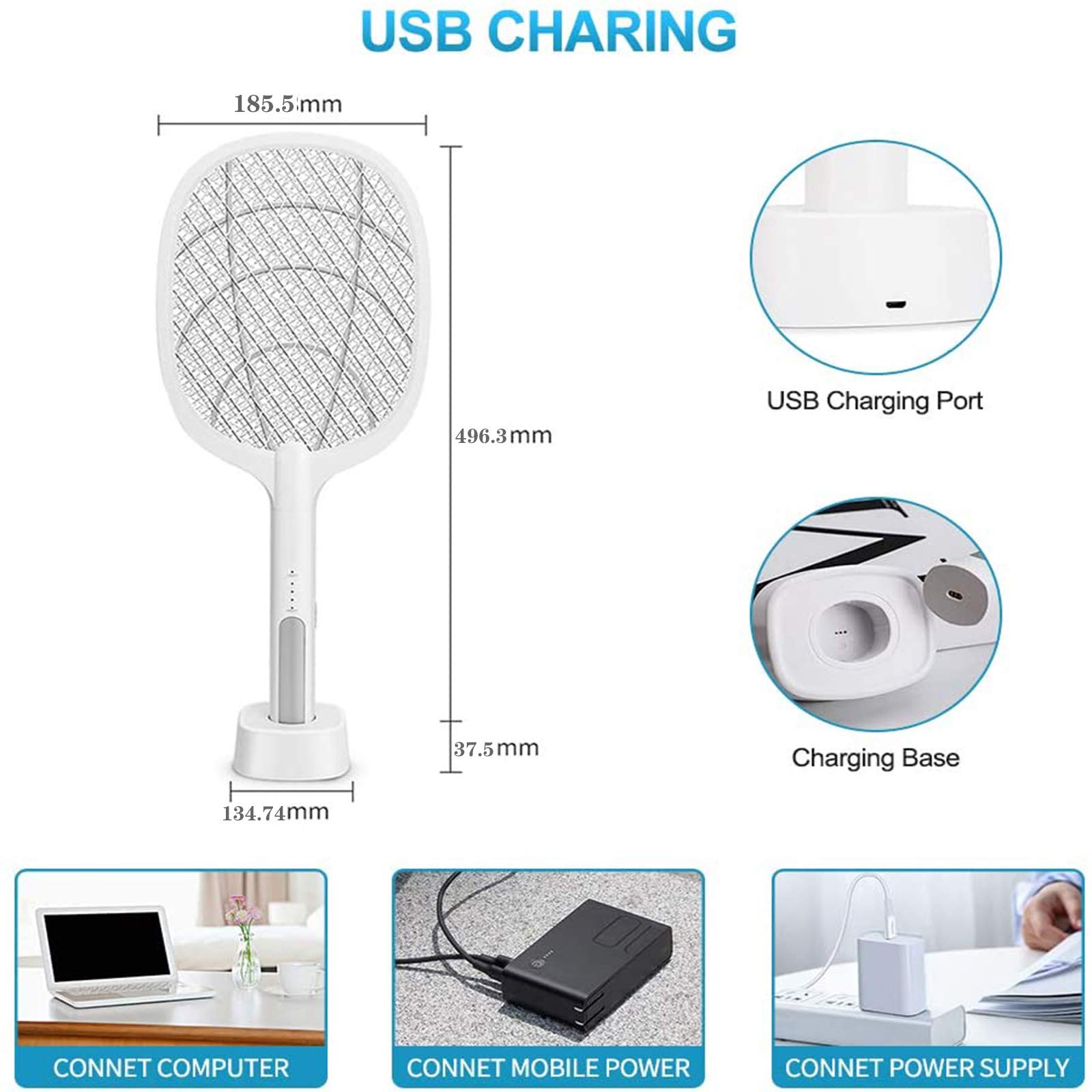 2 in 1 Scacciamosche Elettrico, 3000 V USB Ricaricabile con Base di Ricarica, per Zanzare