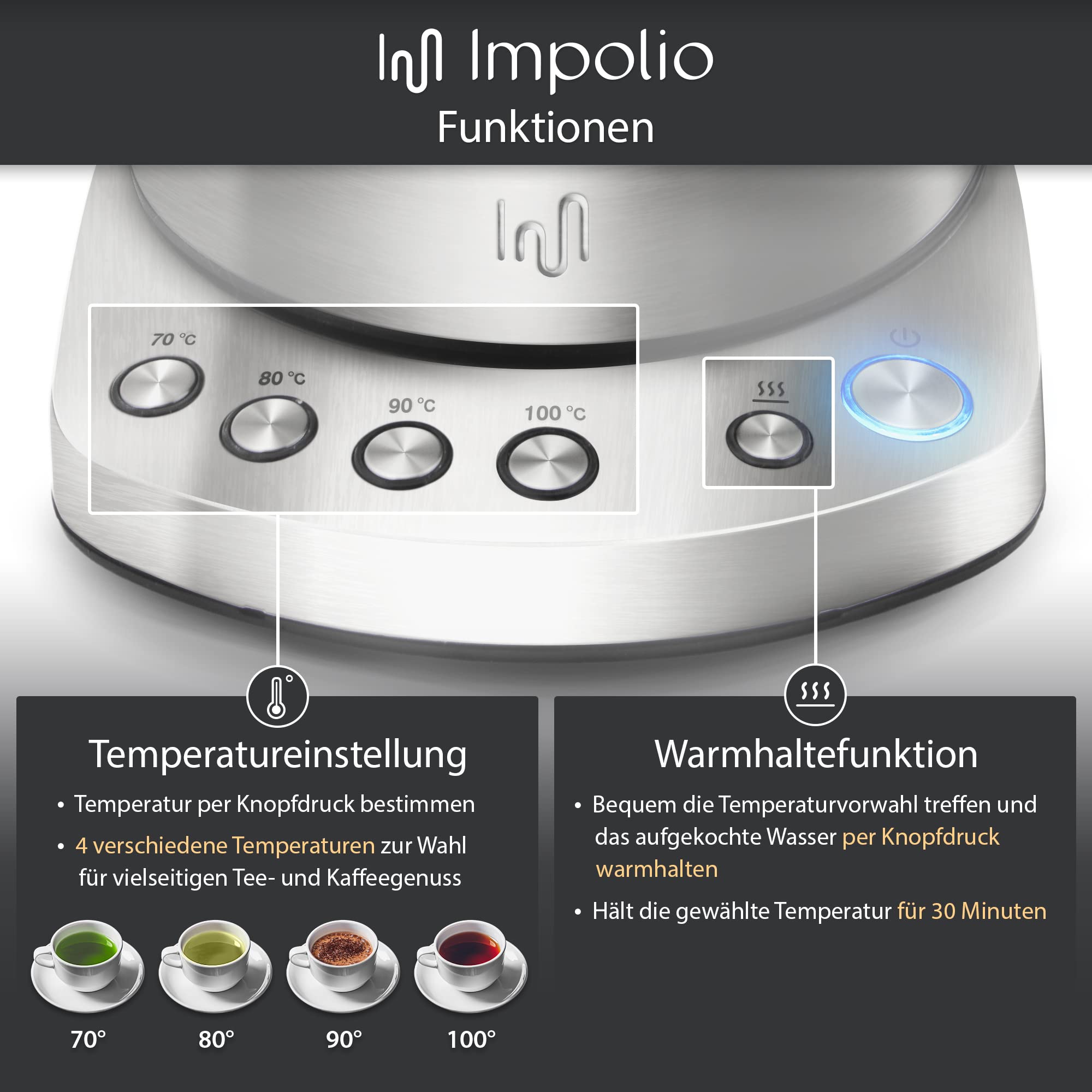 Bollitore Elettrico AQUA BLACK 1,7L - Controllo Temperatura 45-100°C, Mantenimento Calore - Foto 5