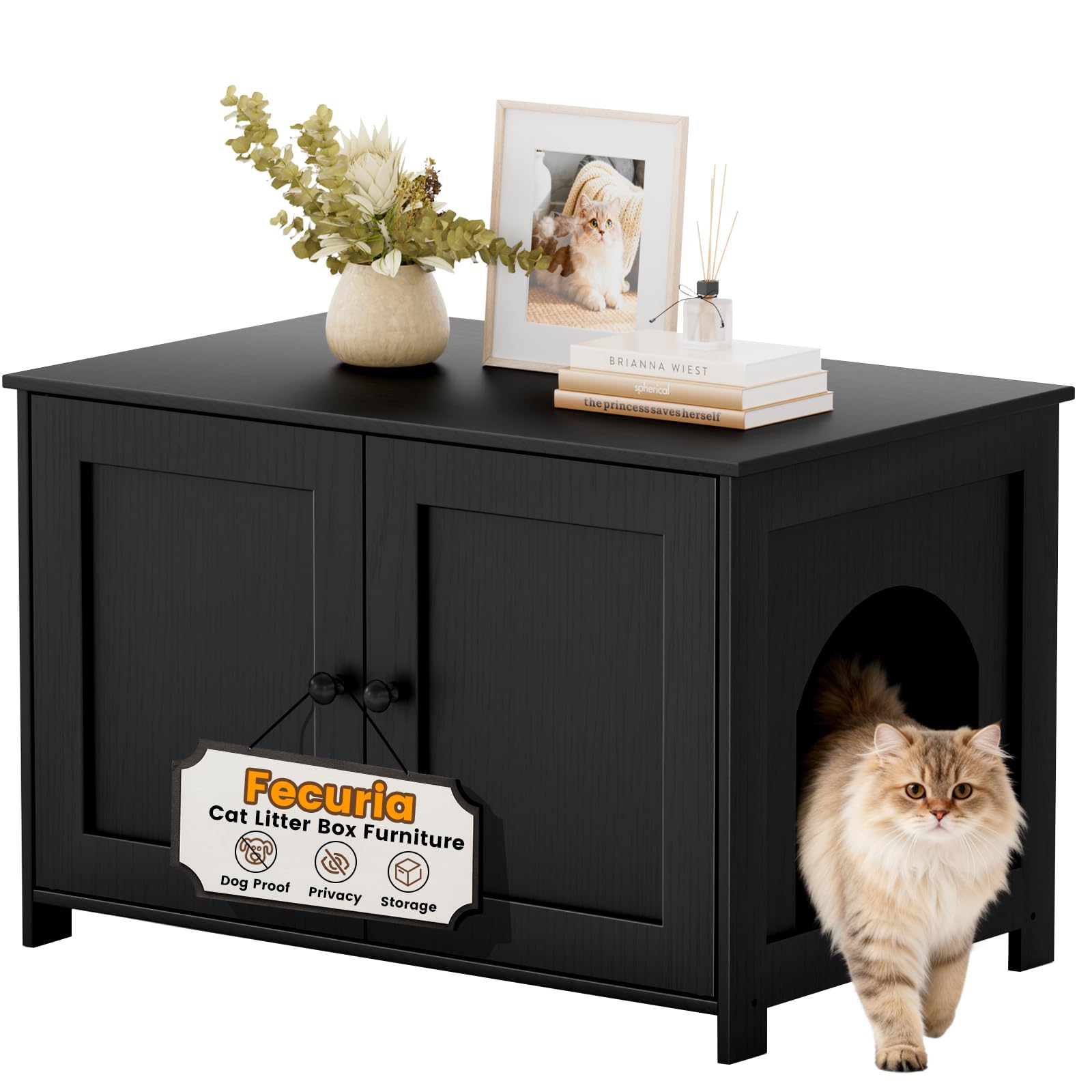 Cat Litter Box Enclosure Furniture Dog Proof, Hidden Kitty Washroom Cabinet Low Entry, Wooden Cat Boxes Enclosure Odor Control for Home, Farmhouse Style Decorative TV Stand with Storage, Black