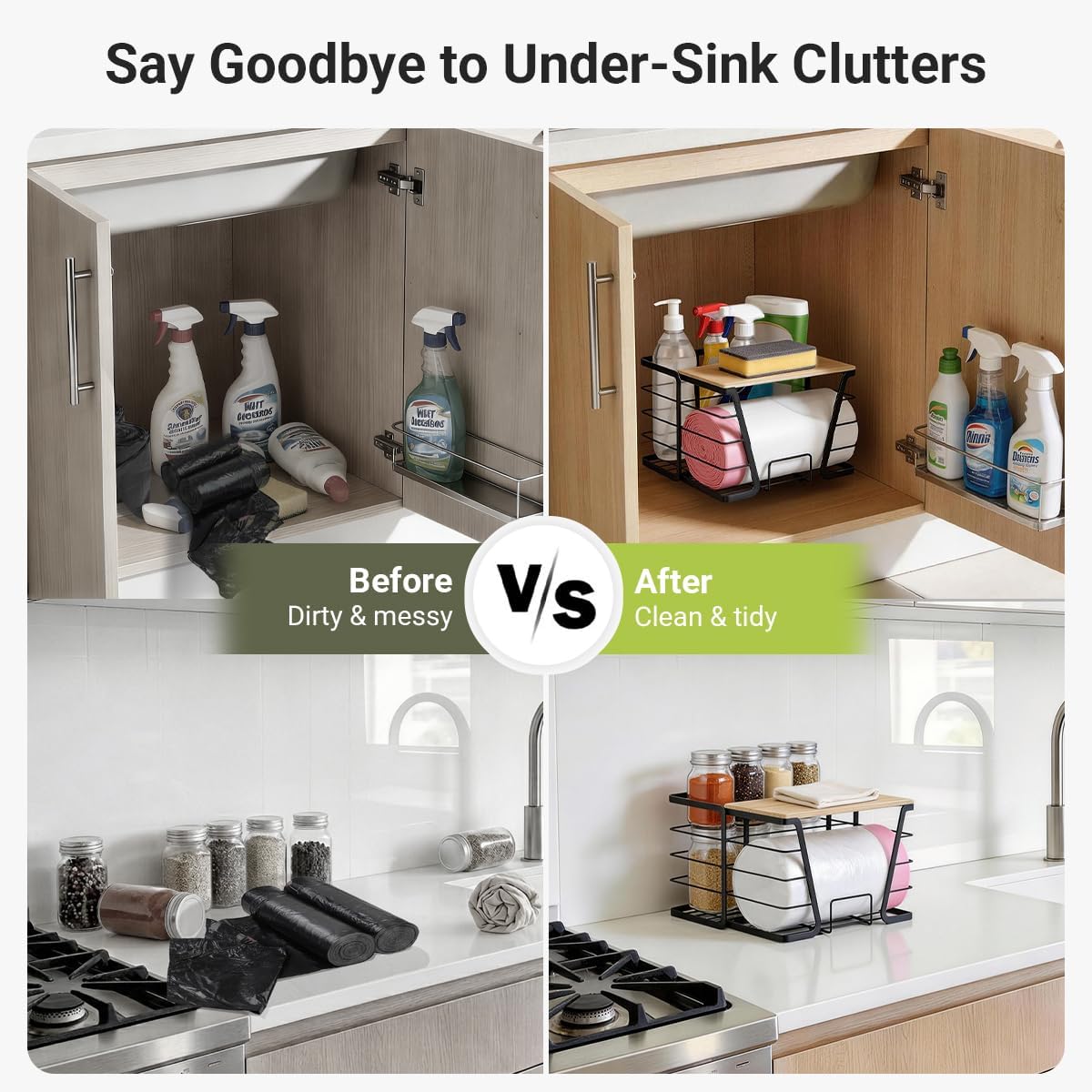 2 in 1 Trash Bag Dispenser Under Sink, Large Garbage Bag Roll Holder with Bamboo Lid, Fits 13/30/33 Gal Bags, Open Back Storage for Tall Bottles, for Kitchen Cabinet, Bathroom, Laundry Room(Black)