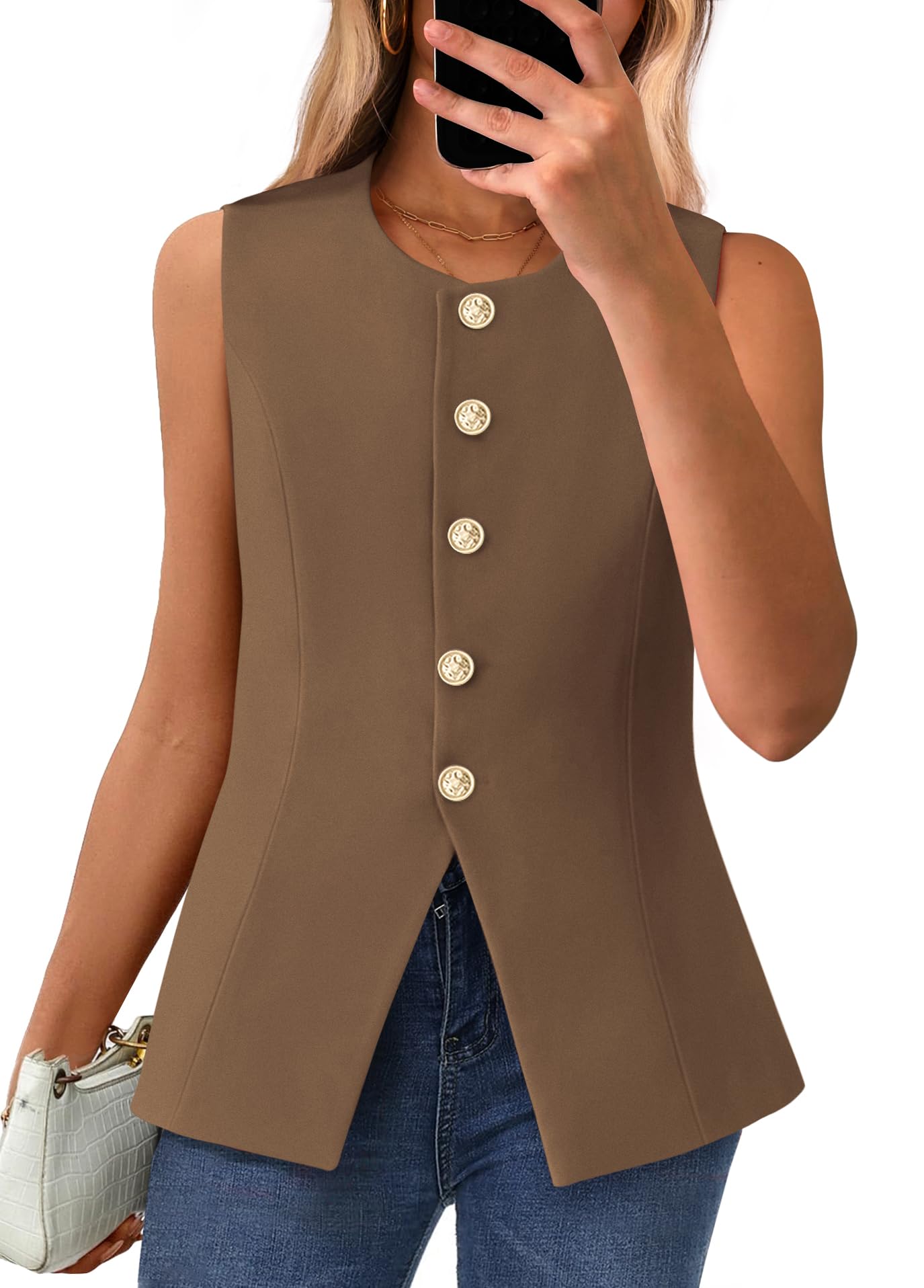 BTFBM Summer Sleeveless Blazer Vest For Women Dressy Button Down Round Neck Business Casual Outfits Work Suit Vests Tops