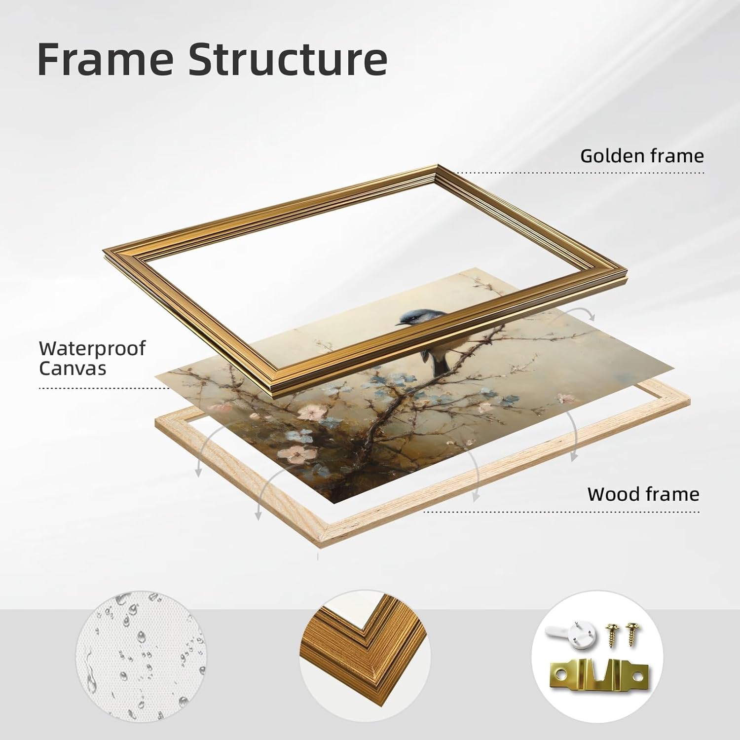 Gold Framed Bird Spring Wall Art Vintage Bird on Spring Tree Oil Painting Neutral Tone Artwork Blooming Flowers Canvas Art Print Rustic Cottagecore Wall Decor for Living Room Bedroom 12x16inch