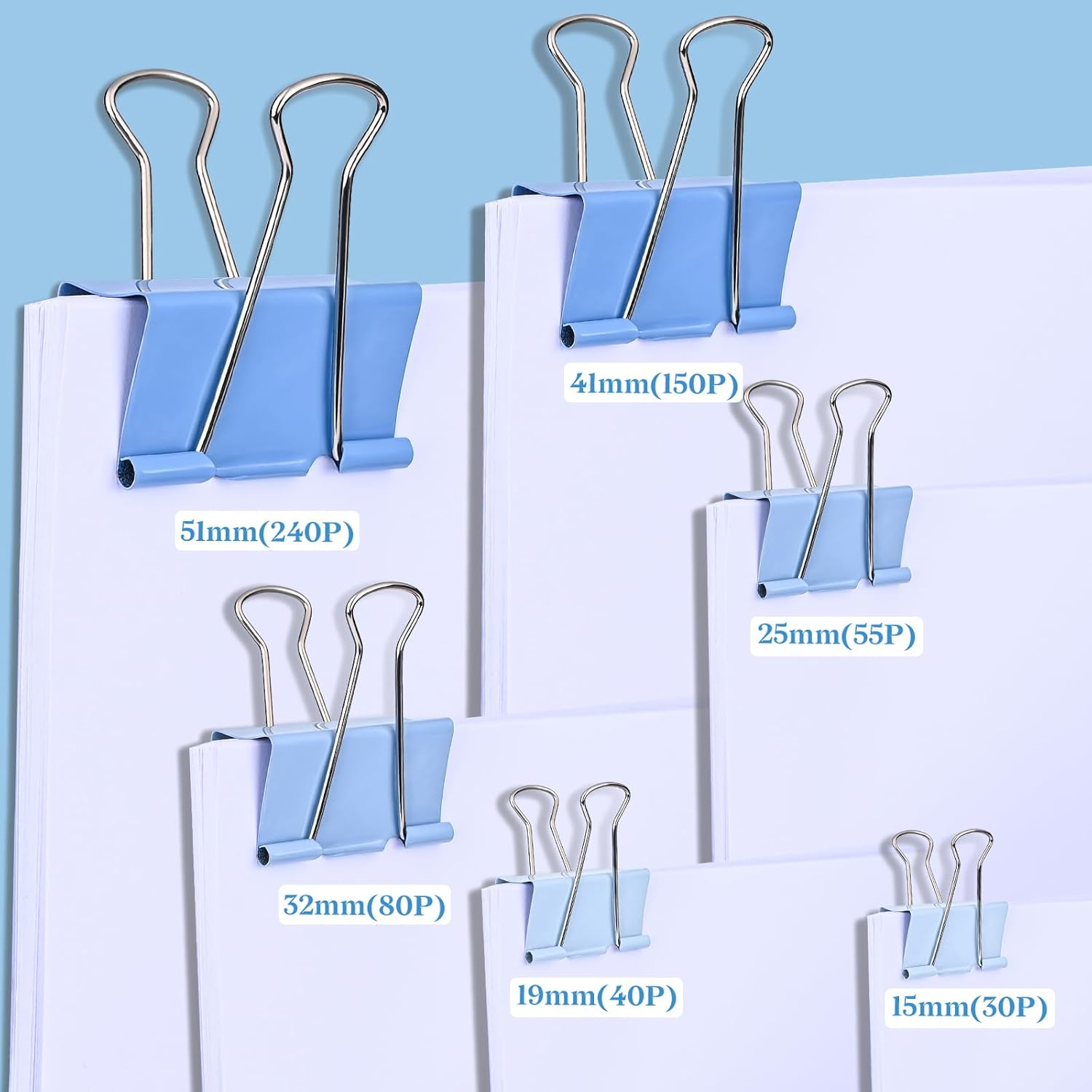 Temiary 208 Pcs Metal Binder Clips, Assorted Sizes Extra Large, Large, Medium, Small, Mini, Micro Binder Paperwork Clip, Morandi Colored Paper Clamps Bulk for Office, Home, School (Blue)