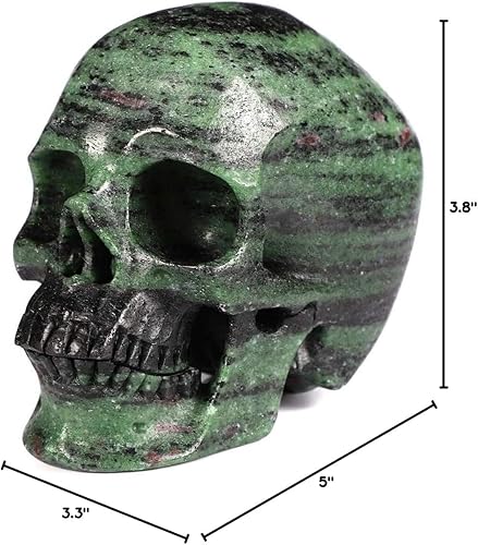 Vista 8 de Skullis Calavera de cristal súper realista de zoisita de rubí de 5.0 pulgadas, escultura de arte fino de piedras preciosas talladas a mano, estatua