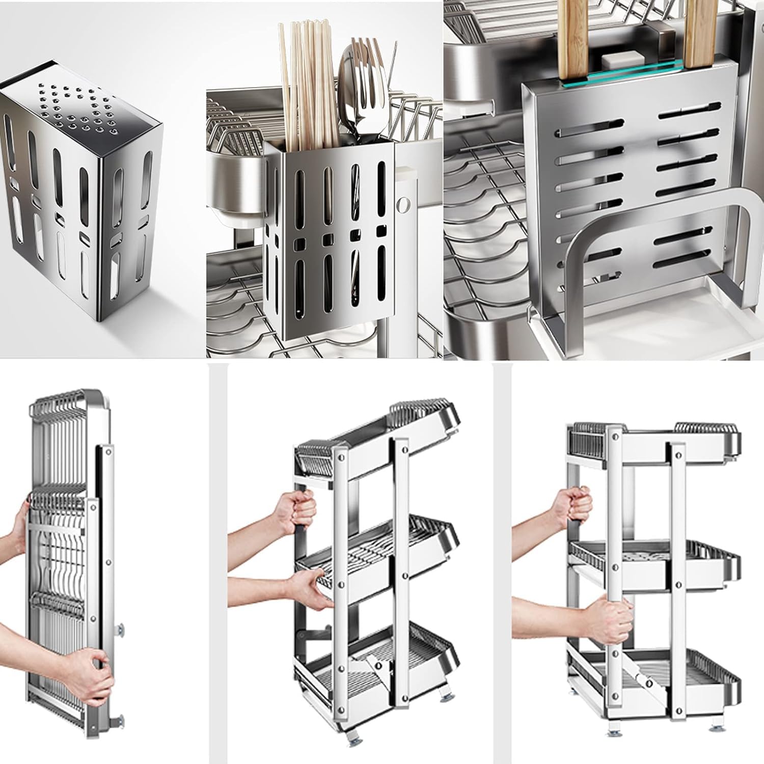 Aetherion Faltbares Abtropfgestell aus Edelstahl, Wandmontage, Abtropfgestell, Küchenorganizer mit Ablaufpfanne, All-in-One-Aufbewahrung für Schüsseln, Utensilien und Bretter, für kleine Wohnung und