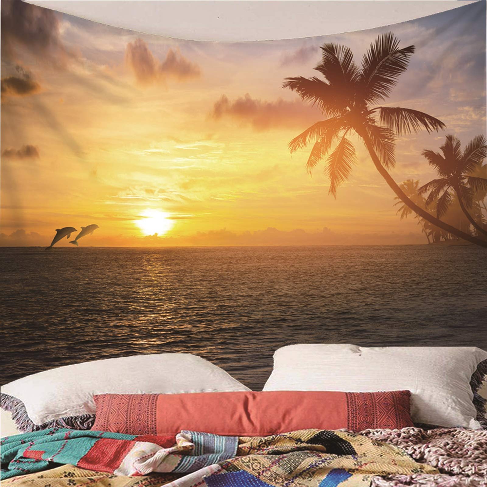 Beydodo Tapisserie Vorhang Sonnenuntergang Delfin Kokospalme Wandbehang Wohnzimmer 300x260CM Wandteppich Nordisch