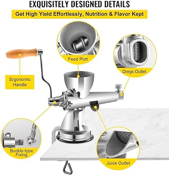 Manual Wheatgrass Juicer Stainless Steel Hand Crank with Suction Cup Base & Table-top Clamp Extractor for Ginger Celery Apple Grape Juice
