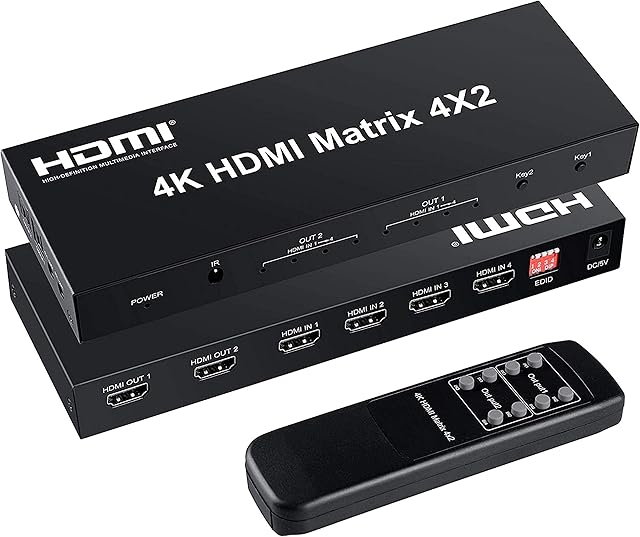 FERRISA 4x2 HDMI Matrix Switch,4 in 2 Out Matrix HDMI Video Switcher Splitter +Optical & L/R 3.5mm Output,Support Ultra HD 4K x 2K,3D 1080P,Audio EDID Extractor with IR Remote Control