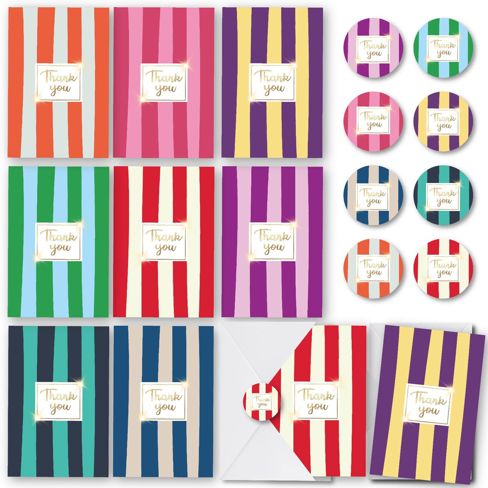 SIMPLY GIFTED Thank You Cards Multipack of 24 with Envelopes & Thank You Stickers –8 Elegant Strips Designs Gold Foil Finish Thankyou Cards –Premium Thick 10x15cm Greeting Cards for Teachers Kids