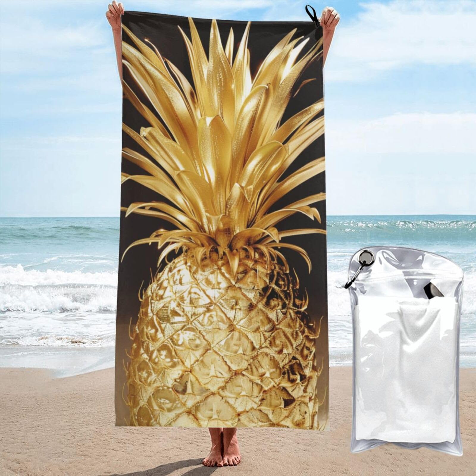 kkvhhyuo Microfiber Beach Towel, Gold Pineapple Printed Lightweight Quick Dry Travel Bath Sheet with Compact Carry Bag for Swimming Yoga Camping Gym,31.5"x63"