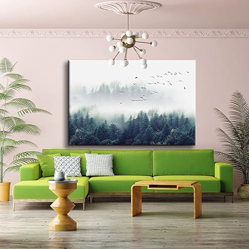 Miniatura 4 de Looife Lienzo decorativo para pared, 36 x 24 pulgadas, diseño de árboles verdes brumosos, arte enmarcado estirado, póster envuelto con paisaje