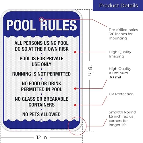 Miniatura 3 de Letrero de reglas de la piscina, No Food or Drinks Pool Sign, 12x18 pulgadas, 3M EGP reflectante 0.63 aluminio, resistente a la decoloración, fácil