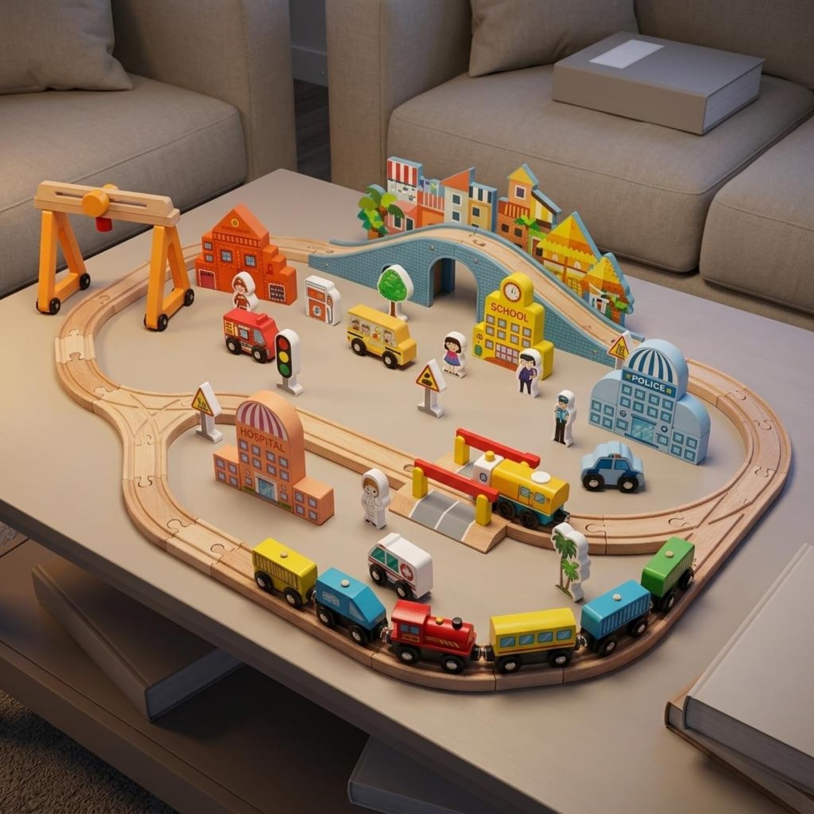 Kinder Holz Spielzeugzug Set Holzeisenbahn Zugstrecke Schienenset Zubehör Elektrisch Kreativset Kombinierbar Rollenspiel Welt Fördert Feinmotorik für