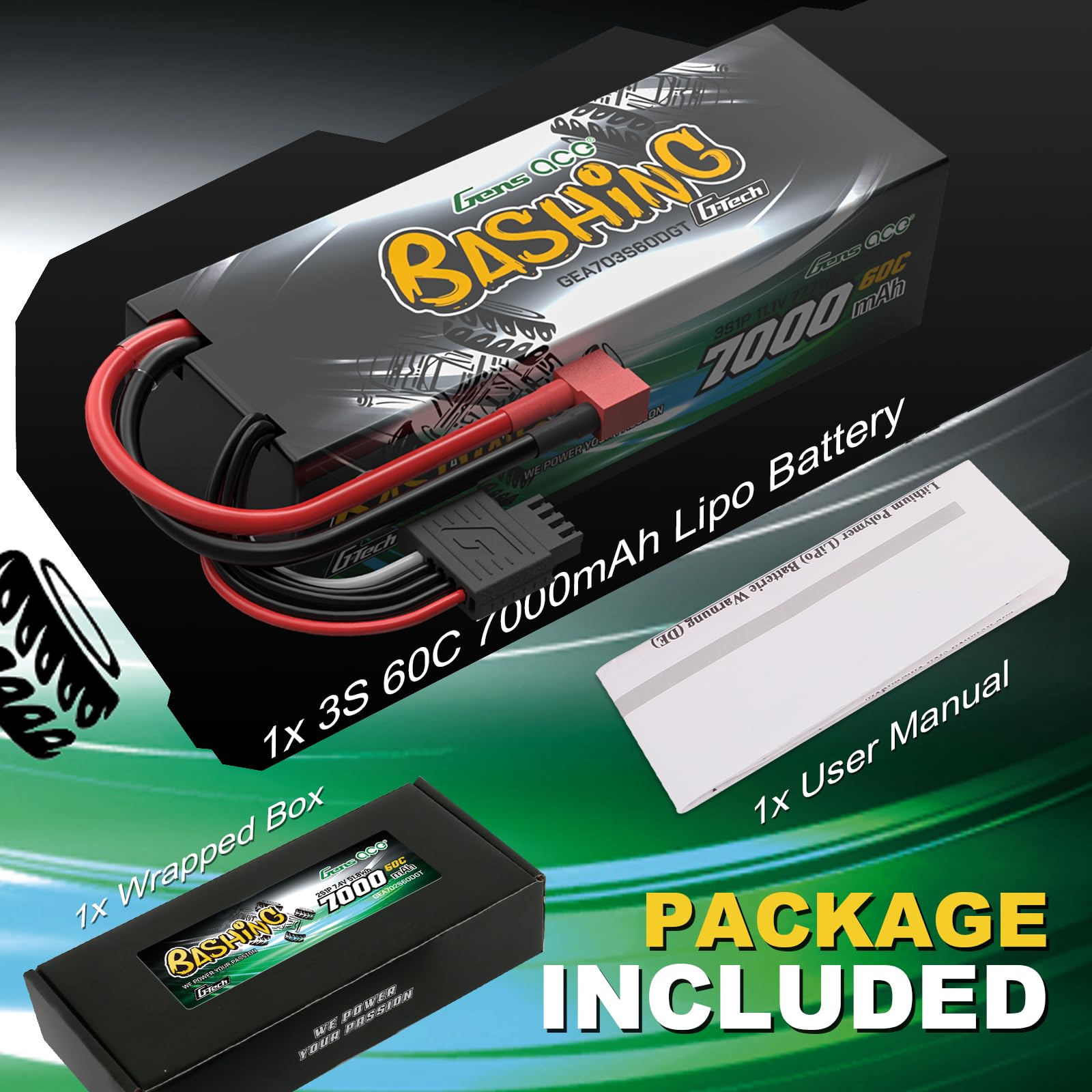 Gens Ace 3S 11,1V 7000mAh 60C Akumulator LiPo G-Tech z wtykiem T (Deans), seria Bashing do RC samochodów 1:8 i 1:10, bardzo długi czas pracy