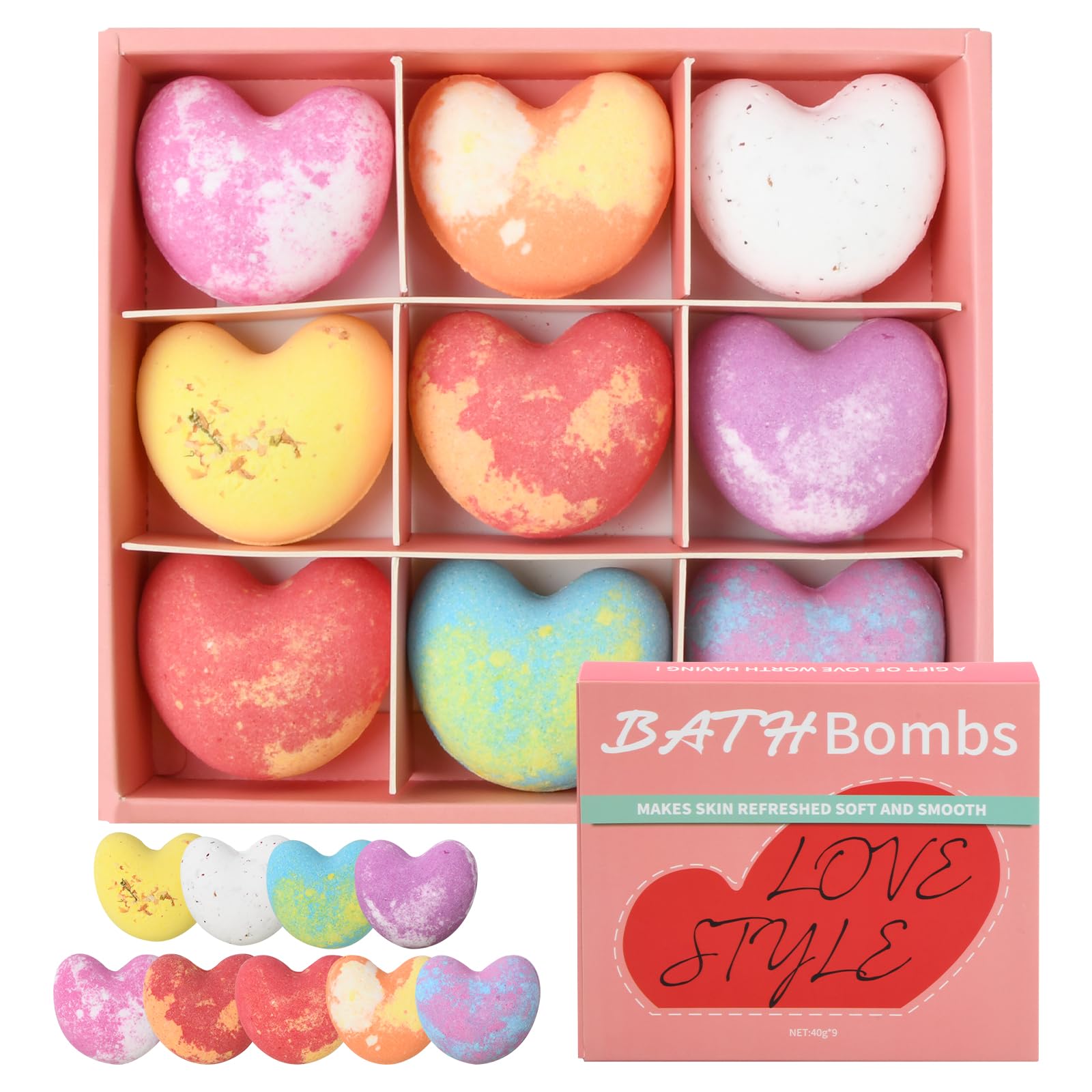 Litinliv 9PCS Love Heart Bath Bombs Gift Set, Natural Shower Bath Bombs with SPA Aromatherapy, Beauty Spa Gift Set, Bath Fizzers for Women, Girls, Girlfriend, Mothers Day Birthday Christmas Gifts (A)