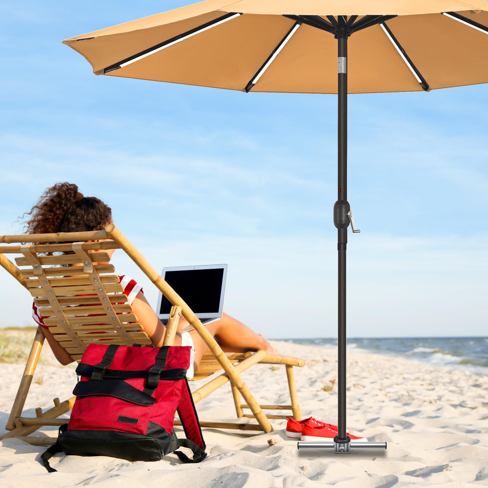 Dolibest - Anclaje de acero resistente para sombrilla de playa, soporte con 3 casquillos para mástiles de 2,5 a 5 cm, estaca cortaviento con base en espiral totalmente soldada para máxima estabilidad