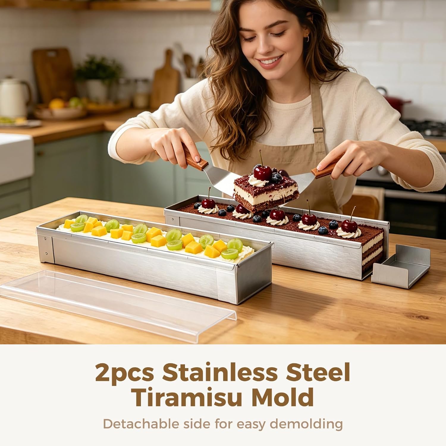 2 Pcs Tiramisu Mold Set with Clear Lids, Angled Shovel, and 3-Sided Shovel, Detachable 304 Stainless Steel Rectangular Cake Pan, Tiramisu Container for Mousse, Baking, Dessert