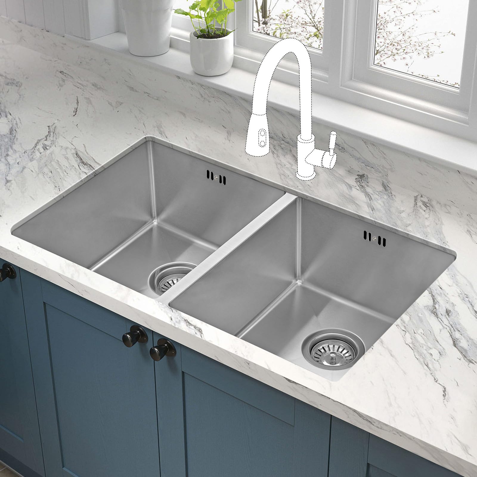 JASSFERRY Lavello da cucina 2 Vasca doppia in Acciaio Inox Spazzolato, Sottomontante Lavandino, con set di rifiuti