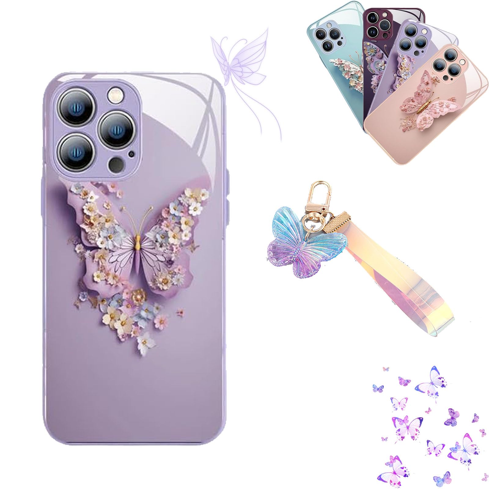 Gzcvba Flat 3D Butterfly Pattern Glass Cover Compatible with iPhone 14/13/12/11/ Pro/Pro Max, 3D Butterfly Phone Case with 1pcs Butterfly Pattern Mobile Phone Chain (for iPhone 12, Light Purple)