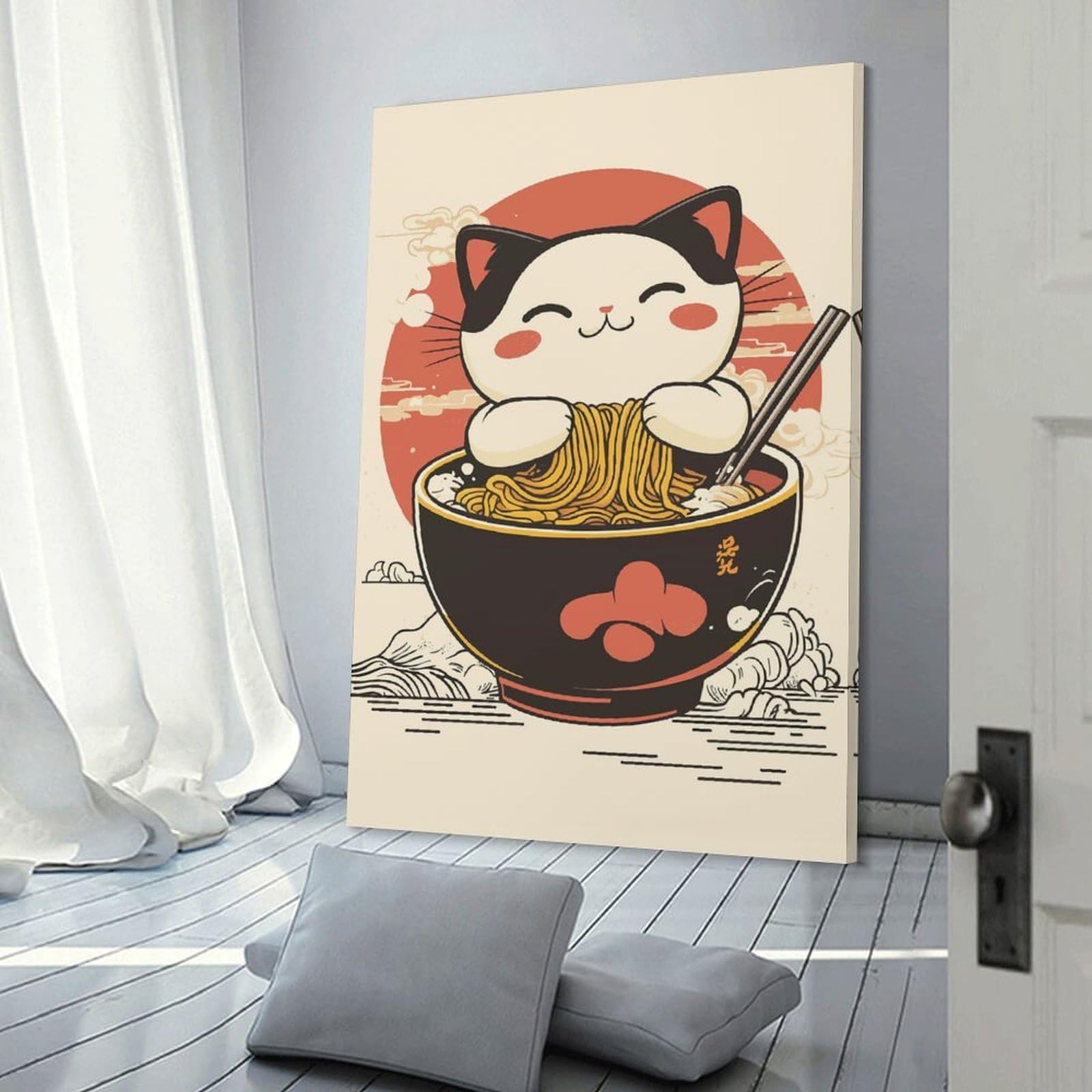 Junmoney Cat Eating Ramen Decorative Wall Artwork, 20x30inch(50x75cm), for Home Lounge, Bedroom Or Reading Nook, Easy Decor for Gallery Walls