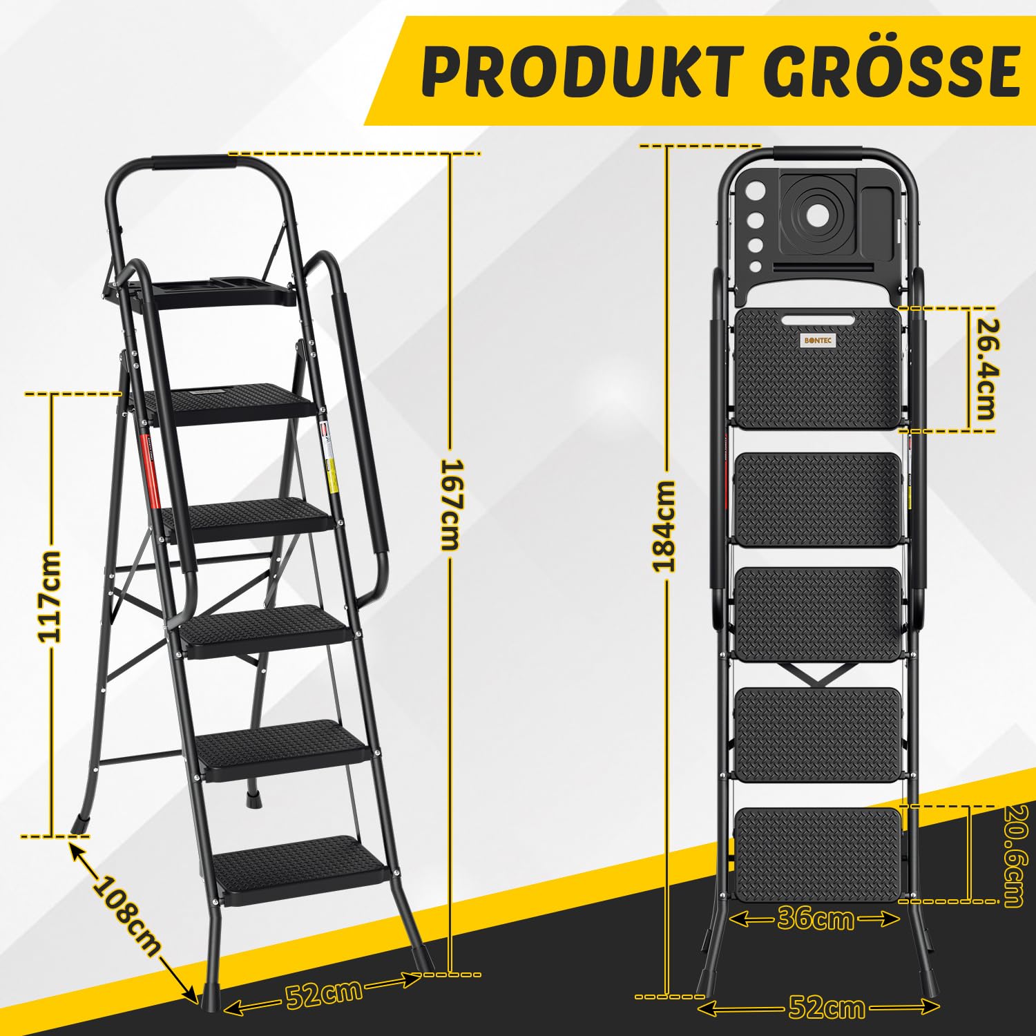 Escalera de 5 peldaños con pasamanos y bandeja para herramientas, escalera plegable para el hogar, antideslizante, hasta 150 kg, color negro, 52 x 108 x 167 cm