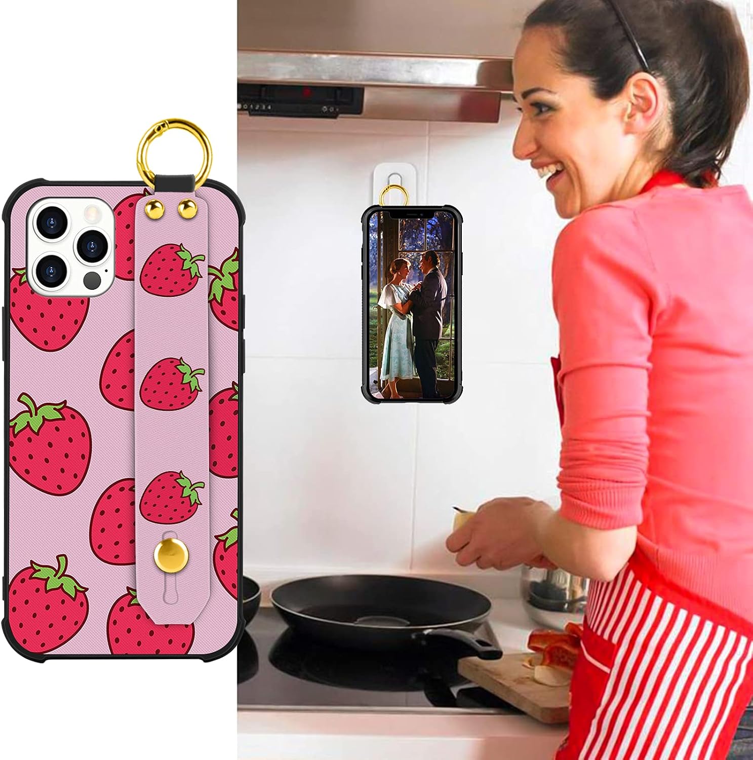OOK Compatible with iPhone 12 Pro Max Case Strawberry Design Wrist Strap Cell Phone Cover w/Lanyard Kickstand Band Protective Red Fruit Pattern Stand Bumper Case for Women Girls for iPhone 12 Pro Max