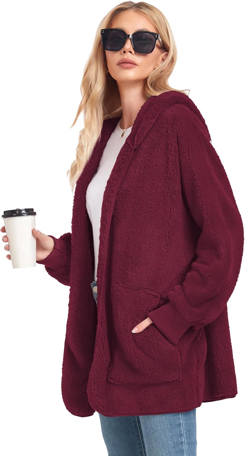 CHICGAL Womens Fuzzy Jacket Hooded Cardigan Open Front Sherpa Coat Outwear with Pockets - Image 5
