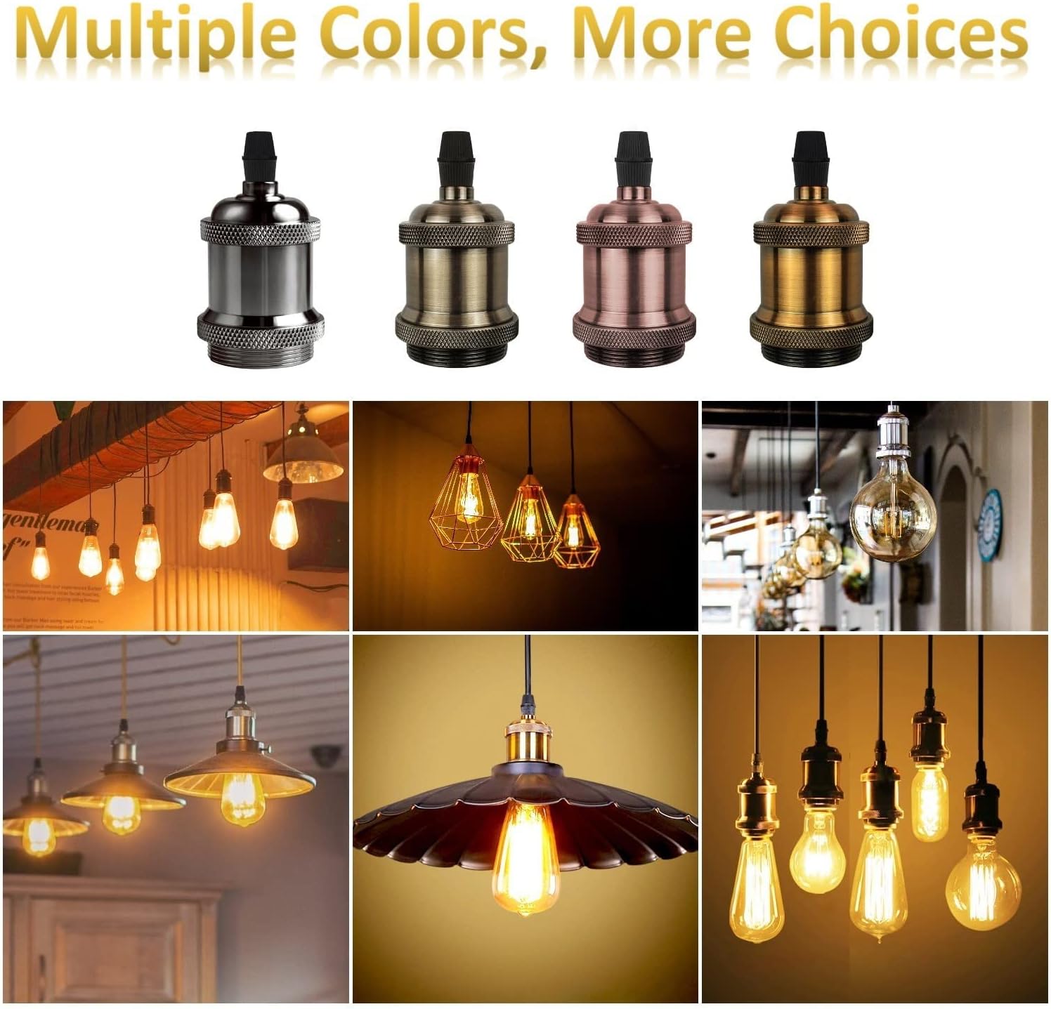 DiCUNO E26 Edison Vintage Lamp Socket for DIY Light, 4 Mixed Colors, 4-Pack | Pendant Light Socket Ceramic Lampholder, Antique Socket Replacement for Industrial, Decorative Lighting, 600℃ Heat Resistant