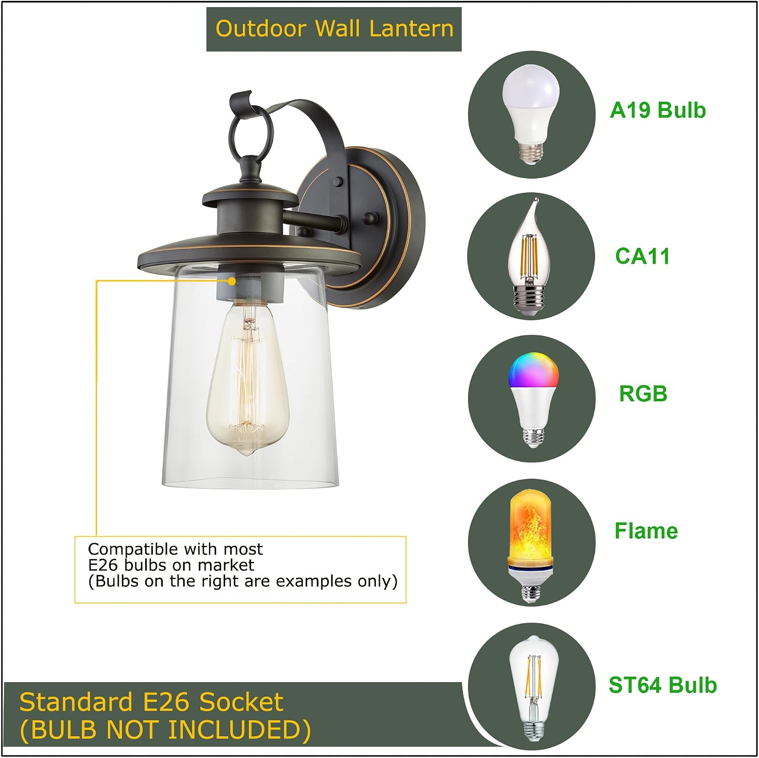 WISBEAM Outdoor Wall Lantern, Wall Sconce as Porch Lighting Fixture, E26 Base 60W Max, Metal Housing Plus Glass, Oil Rubbed Bronze Finish, ETL Qualified, Bulbs not Included