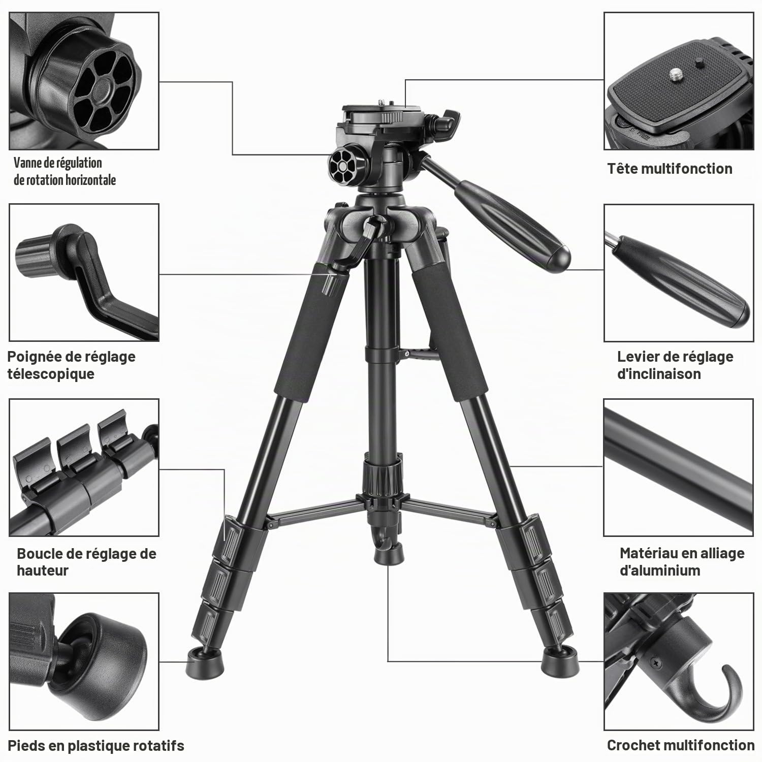 Neewer 142 centimètres Trépied Aluminium Portable Noir avec Tête Pivotante 3 Directions et Sac pour DSLR, DV Vidéo Caméscope, Charge Admissible de 4 kilogrammes (SAB234)