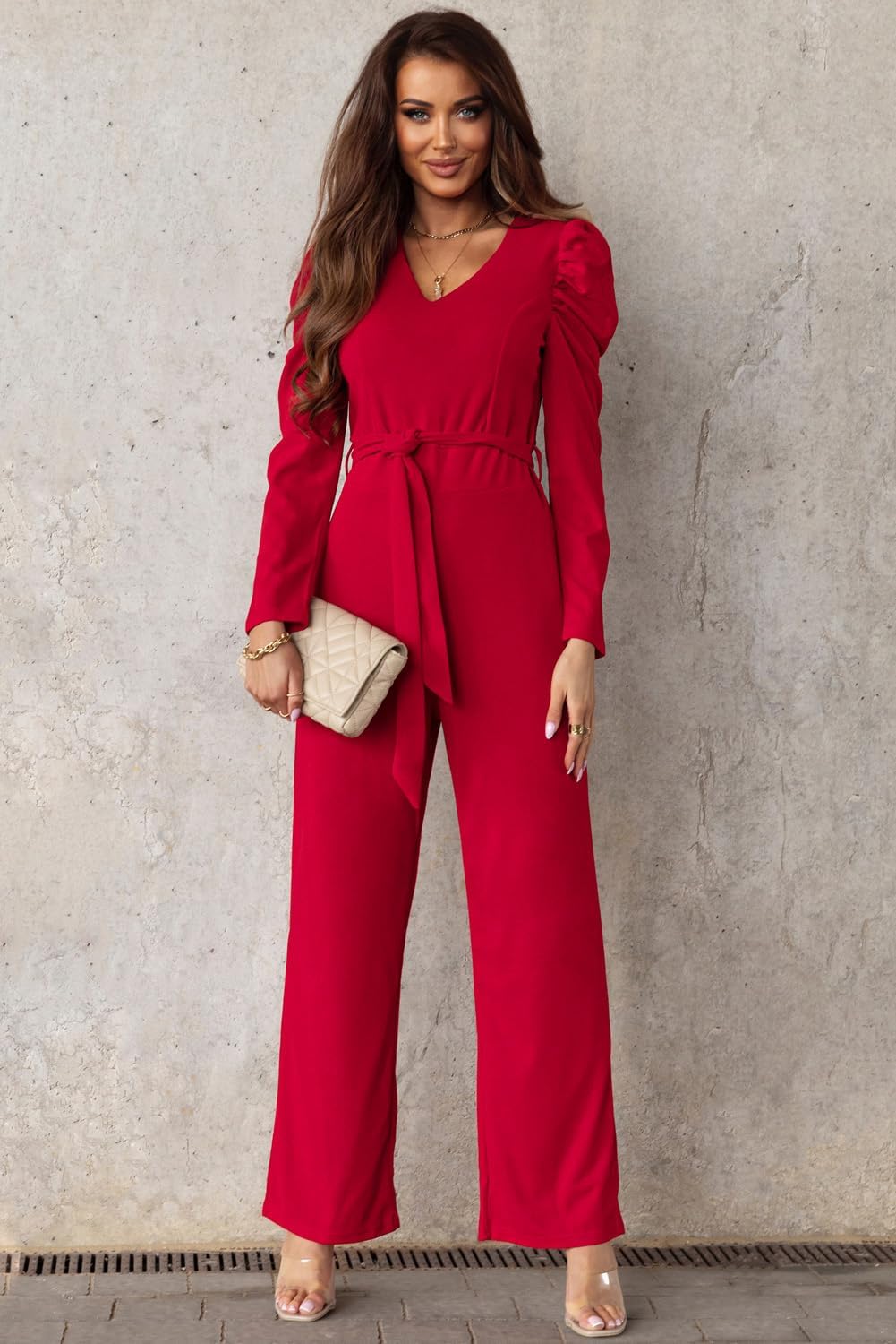 Size L BLENCOT Jumpsuit Long Sleeve Casual V Neck Belted Wide Leg Formal Rompers Jumpsuit
