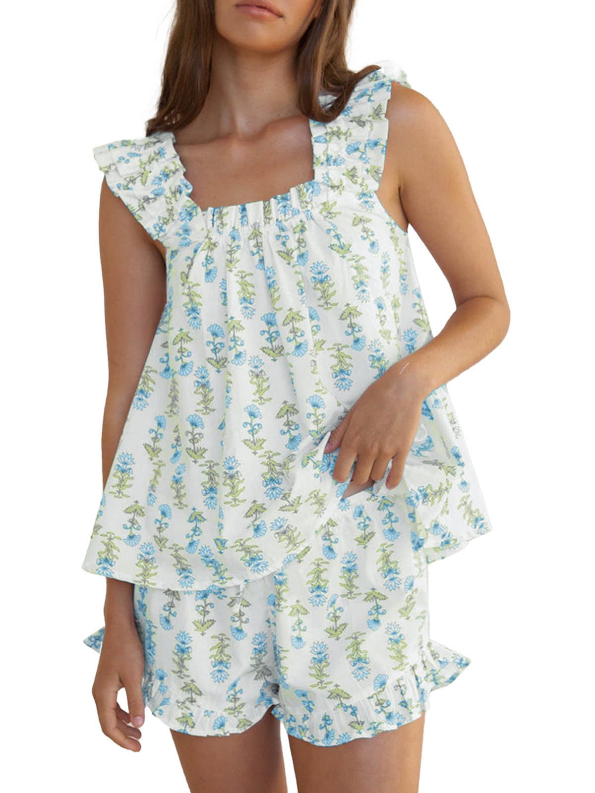 Farktop Damen H5n577 Pyjamaset, Blau Grün, M