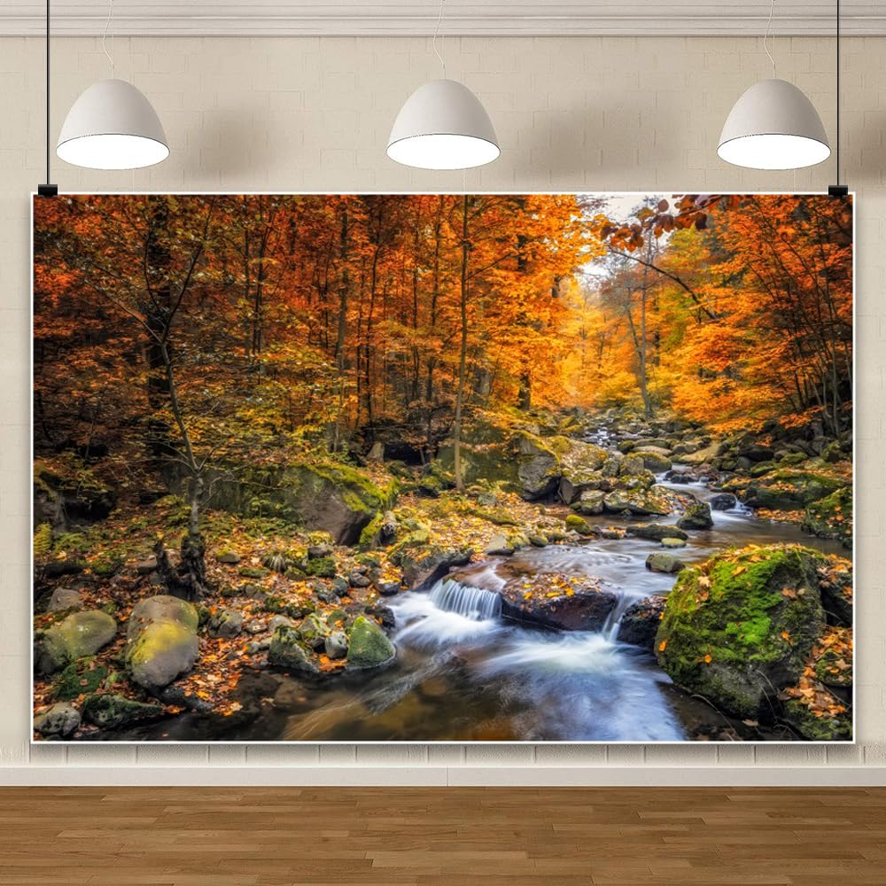 4.5x3m Telón de Fondo de Acuario con Cascada de Otoño, Fondo de Paisaje Natural con Lago y Arroyo del Bosque, Fondos de Plantas Tropicales y Rocas para Terrarios