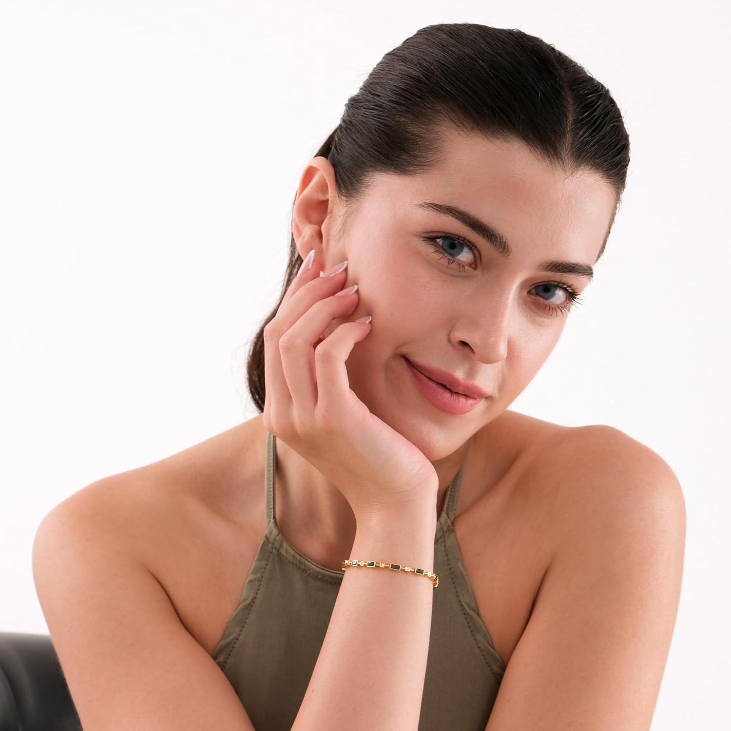 18K Gold Vermeil Emerald Colorful Tennis Bracelet, Adjustable Link Chain with CZ Accents, Dainty Birthstone Jewelry for Women