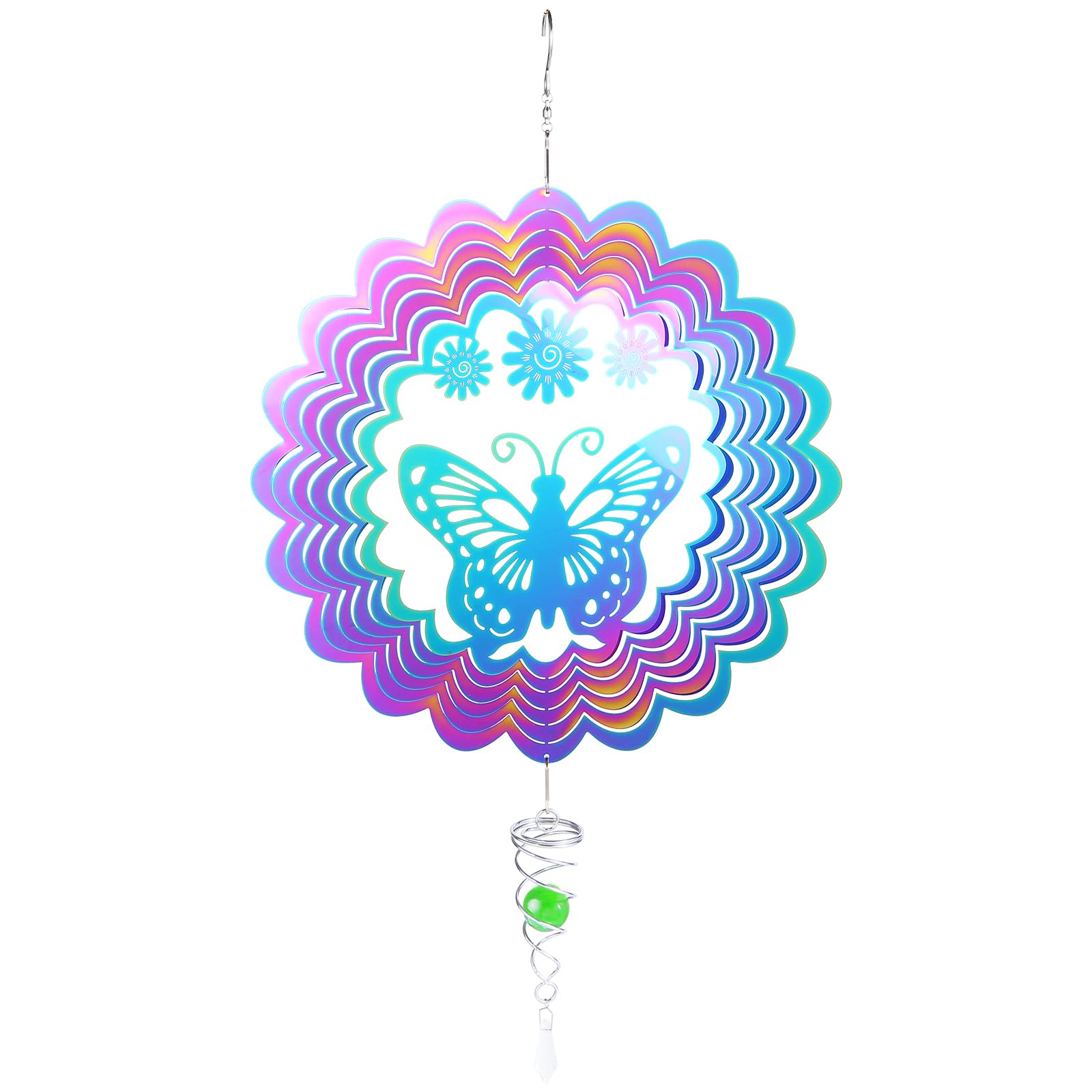 Mstorxxin Stainless Steel Reflective Wind Spinners Outdoor Garden Decor, 3D Gradient Color Garden Spinner with Ball Spiral Tail, Big Butterfly, Blue