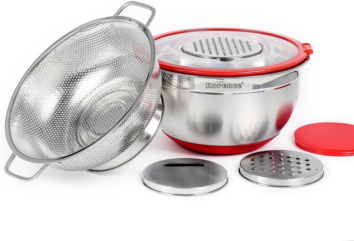 Rorence Stainless Steel Non Skid Mixing Bowl with Transparent Lid & 3 Graters Set with a Free Colander - Red