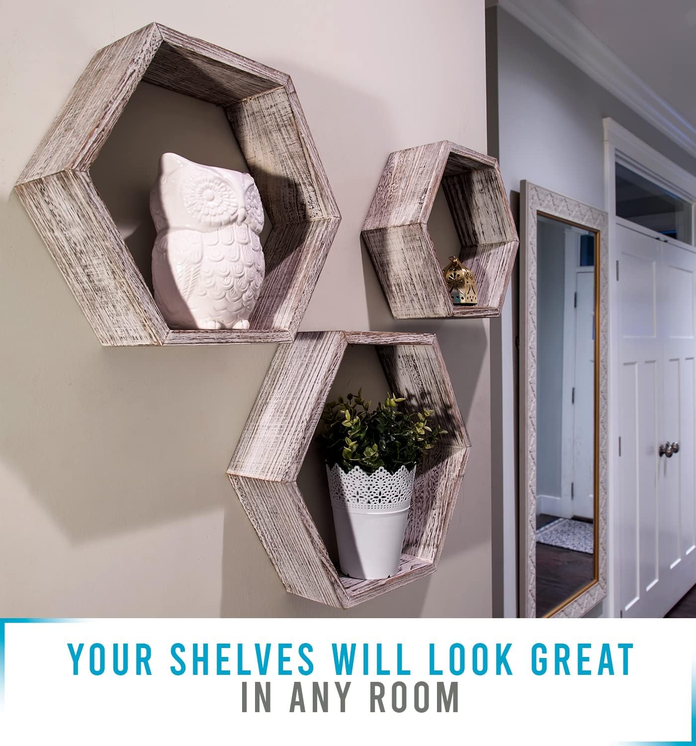 Comfify Rustic Wall Mounted Hexagonal Floating Shelves – Set of 3 Honeycomb Shelves - Farmhouse Decor – Honeycomb Wall Decor - Rustic White