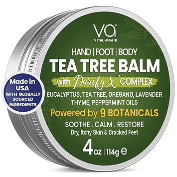 VITAL AFFAIR Tea Tree Oil Balm Soothing Care for Rashes, Athletes Foot, Jock Itch, Bug Bites, Folliculitis, Cracked Feet, Dry, Flaky, Irritated Skin For All Ages & Sensitive Skin - 4 oz