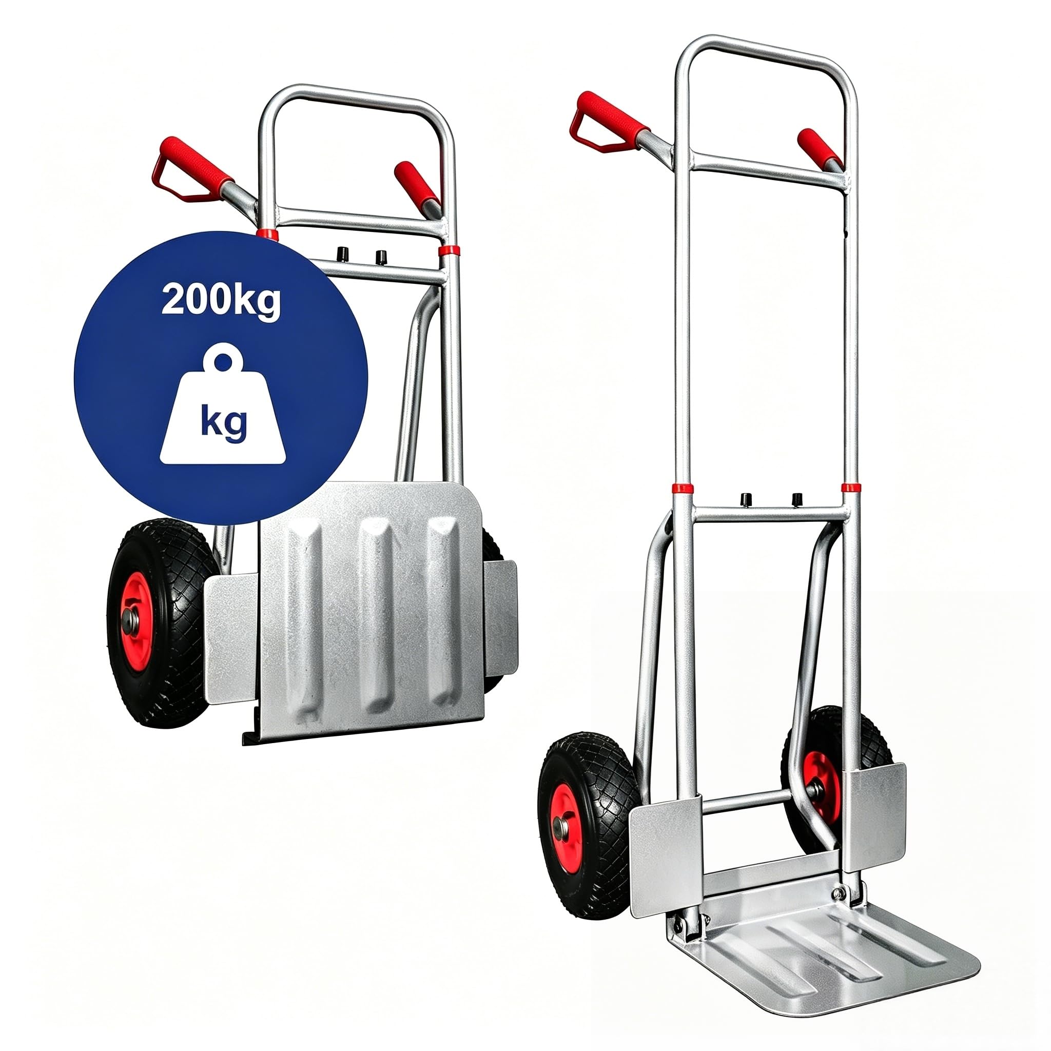 Sackkarre klappbar 200kg Traglast - Hochwertiger Stahl ergonomischer Transportwagen für Lager,Umzüge und Getränkekisten - XL Schaufel,Sicherheitsgriffe,luftbefüllte Reifen - Silver