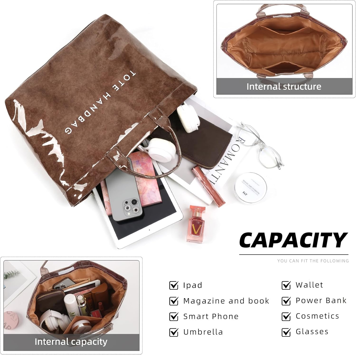 ALUSBELL Large PVC Tote Bag for Women Letters Print Tote Handbag Kraft Paper Travel Shoulder Bag Clear Carry All Hobo Handbag - Image 5