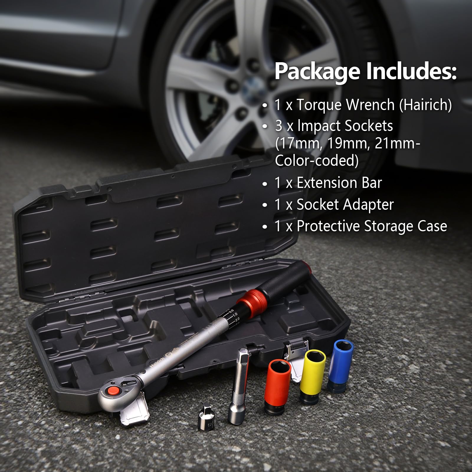 Hairich Clé Dynamométrique Voiture 1/2", Torque Wrench 40–210 Nm, Certifiée TÜV Süd GS, Set 6 Pièces avec Rallonge 125 mm, Adaptateur 1/2"-3/8" et 3 Douilles – Changement de Pneus & Moto