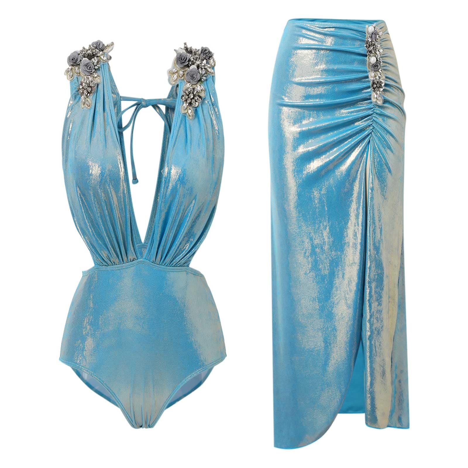 Bañador de una Pieza Espalda Descubierta Reductor Playa Piscina Traje de baño de 1 Pieza para Mujer + 1 Pieza de Pareo Traje de baño de Dos Piezas con Estampado Monokini Bikini Traje de baño de 2