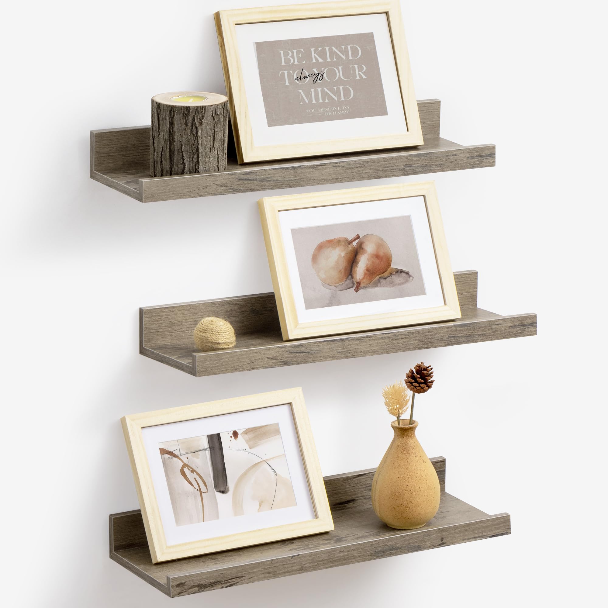 Axeman Picture Ledge Shelf | 16 Inch Grey Floating Shelves Set of 3 | Rustic Grey Wood Wall Shelves with Lip | 16" Picture Shelf for Wall with Ledge |
