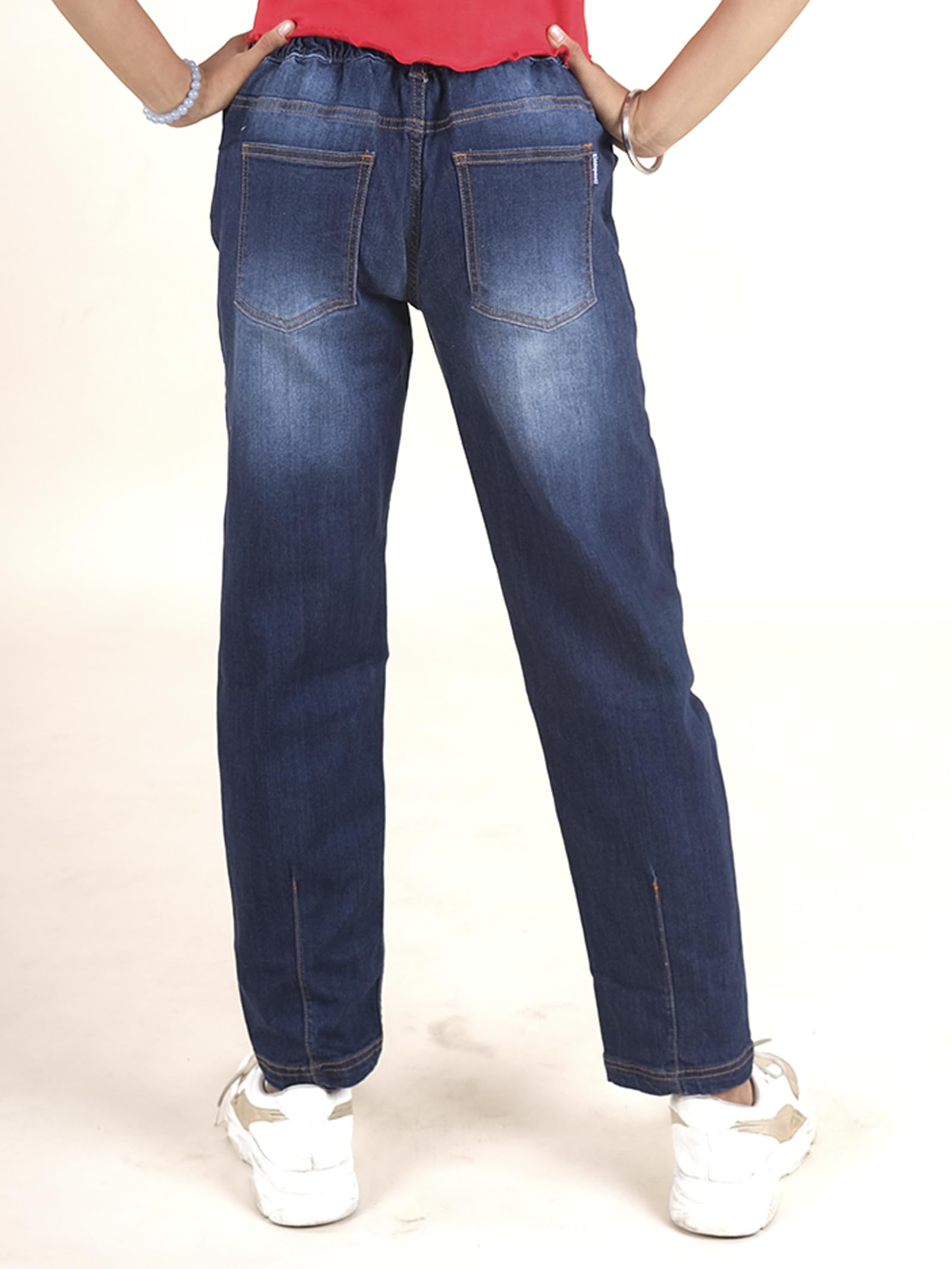 KiddoPanti Girls Solid Paper Bag Jeans Pant with Fabric Belt, Dk Wash Blue - 4-6Y 1