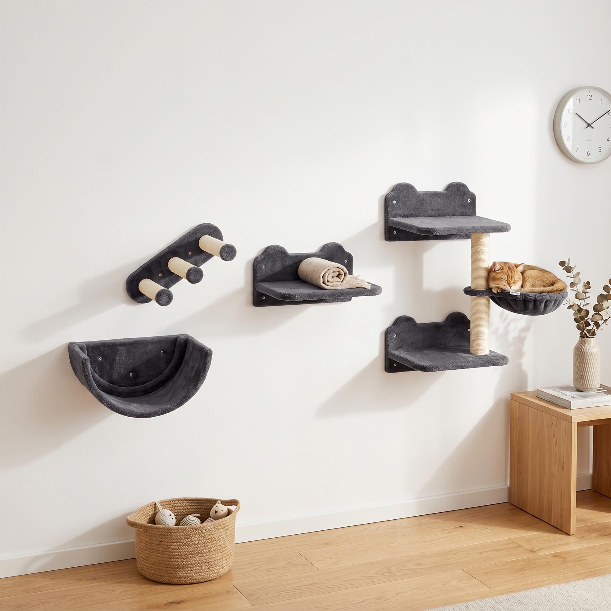 Bobobiy Dark/Grey 4Pcs Wall-Mounted Cat Shelves W/ Scratching Post, Hammock, Nest