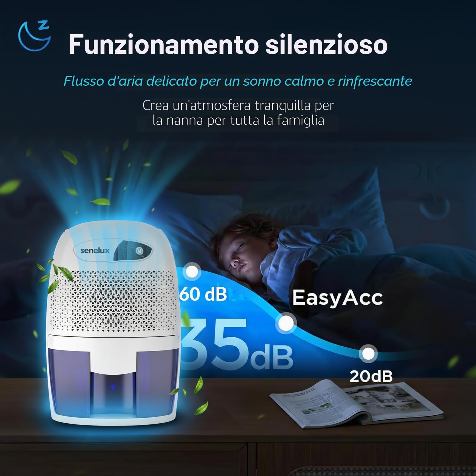 Senelux Potente mini deumidificatore portatile da 500 ml, piccolo deumidificatore efficiente e stabile, umido per la casa, assorbitore di umidità portatile per piccole stanze, bagno, cantina, da letto