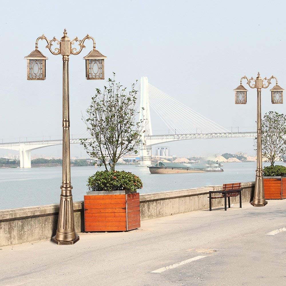 Europejska retro vintage zewnętrzna wodoodporna lampa krajobrazowa taras ogrodowy LED taras balkon trawnik ogród willa lampa kolumnowa słup latarnia uliczna z dwoma szkla,Bronze-195cm