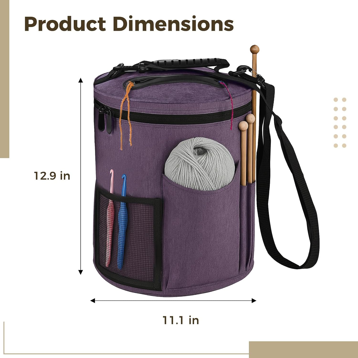 Yarn Storage Bag, Round Knitting Bag with Top Zipper & Detachable Shoulder Strap, Crochet Tote with Thread Openings & Multiple Pockets