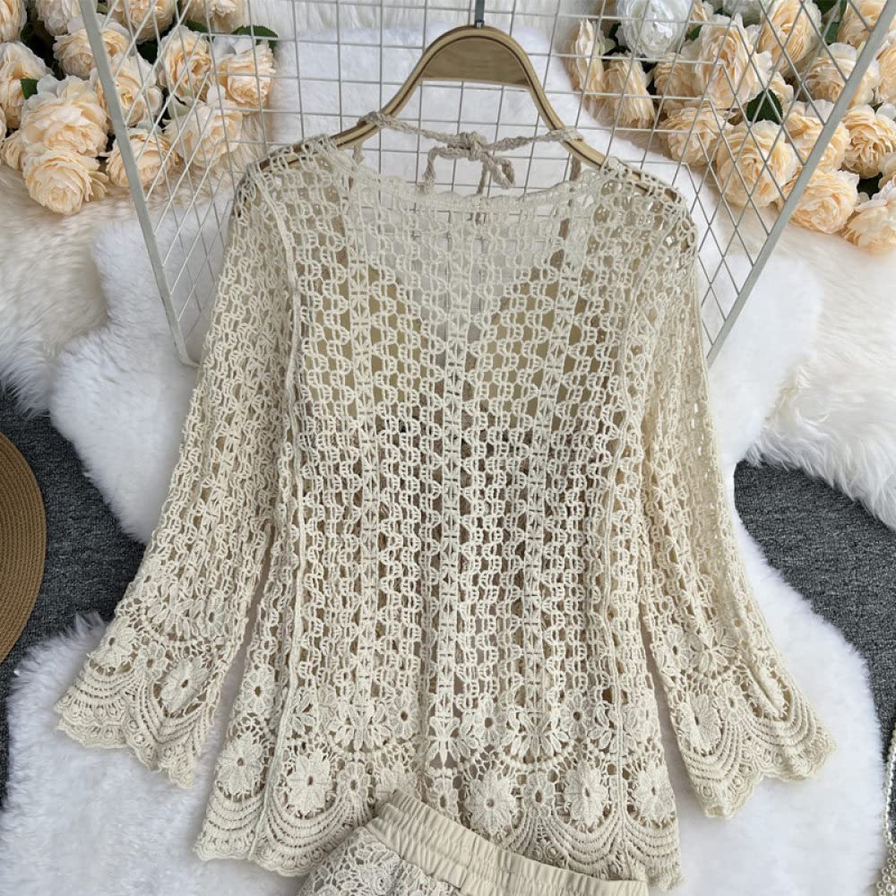 OZEO Pulls sans Manches Gilet,Ensemble De Bikini Triangle Au Crochet avec Couvertures pour Femmes Débardeurs avec Coussinet Gland D'Été Halter Neck Crop Tank Tops Ethnique Sexy Tricoté Plage Maillot