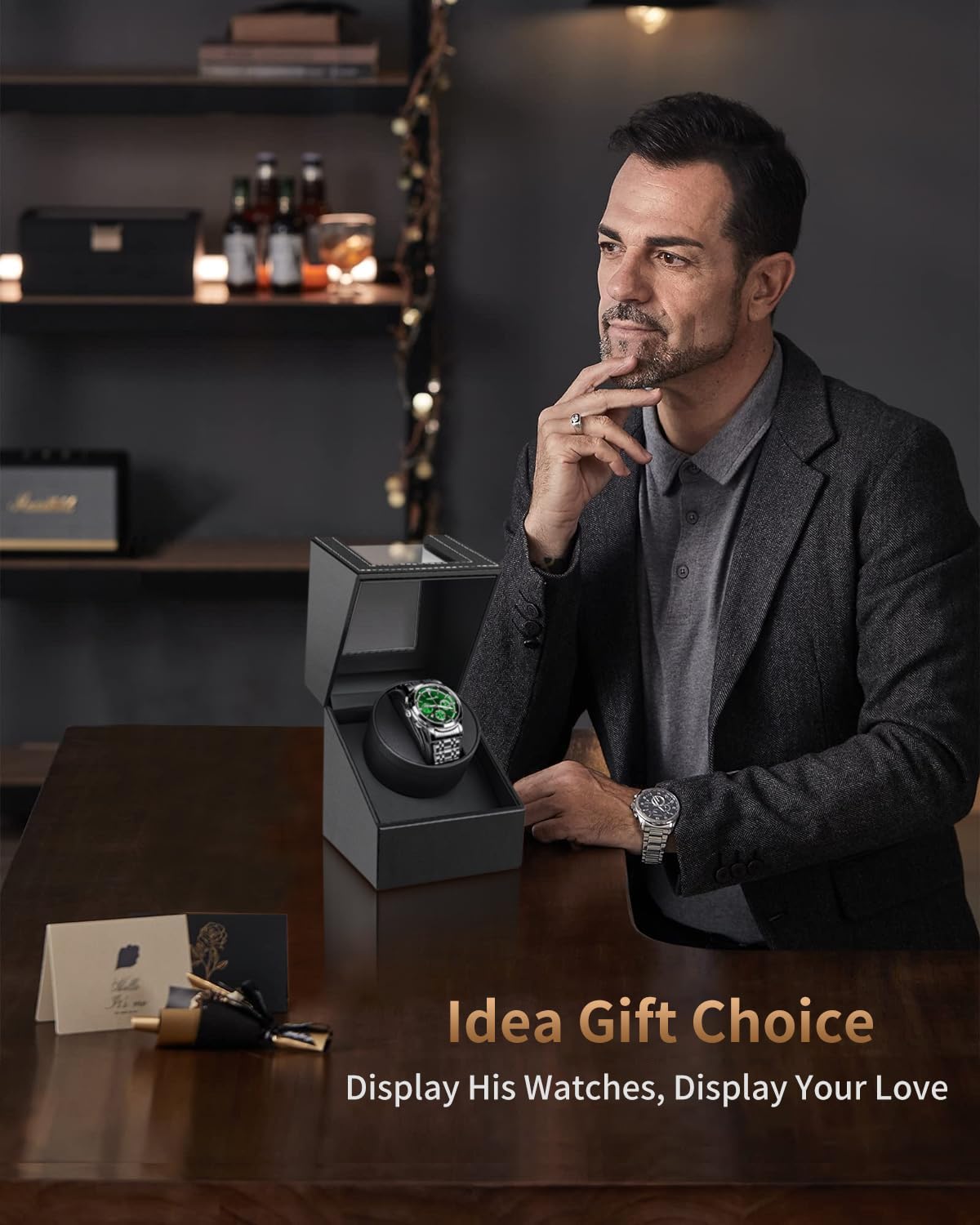 UnaMela Enrollador de relojes automáticos: caja automática de un solo reloj, caja giratoria de piel sintética negra, rotador de reloj con motor silencioso japonés, funciona con pilas o adaptador de